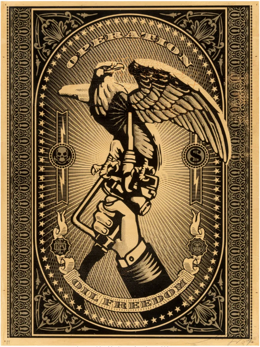 Operation Oil Freedom Black PP HPM Wood Silkscreen Print by Shepard Fairey- OBEY