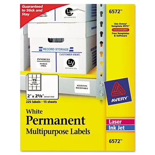 Permanent Id Labels W/ Sure Feed Technology, Inkjet/laser Printers, 2 X 2.63, White, 15/sheet, 15 Sheets/pack