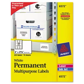 Permanent Id Labels W/ Sure Feed Technology, Inkjet/laser Printers, 2 X 2.63, White, 15/sheet, 15 Sheets/pack