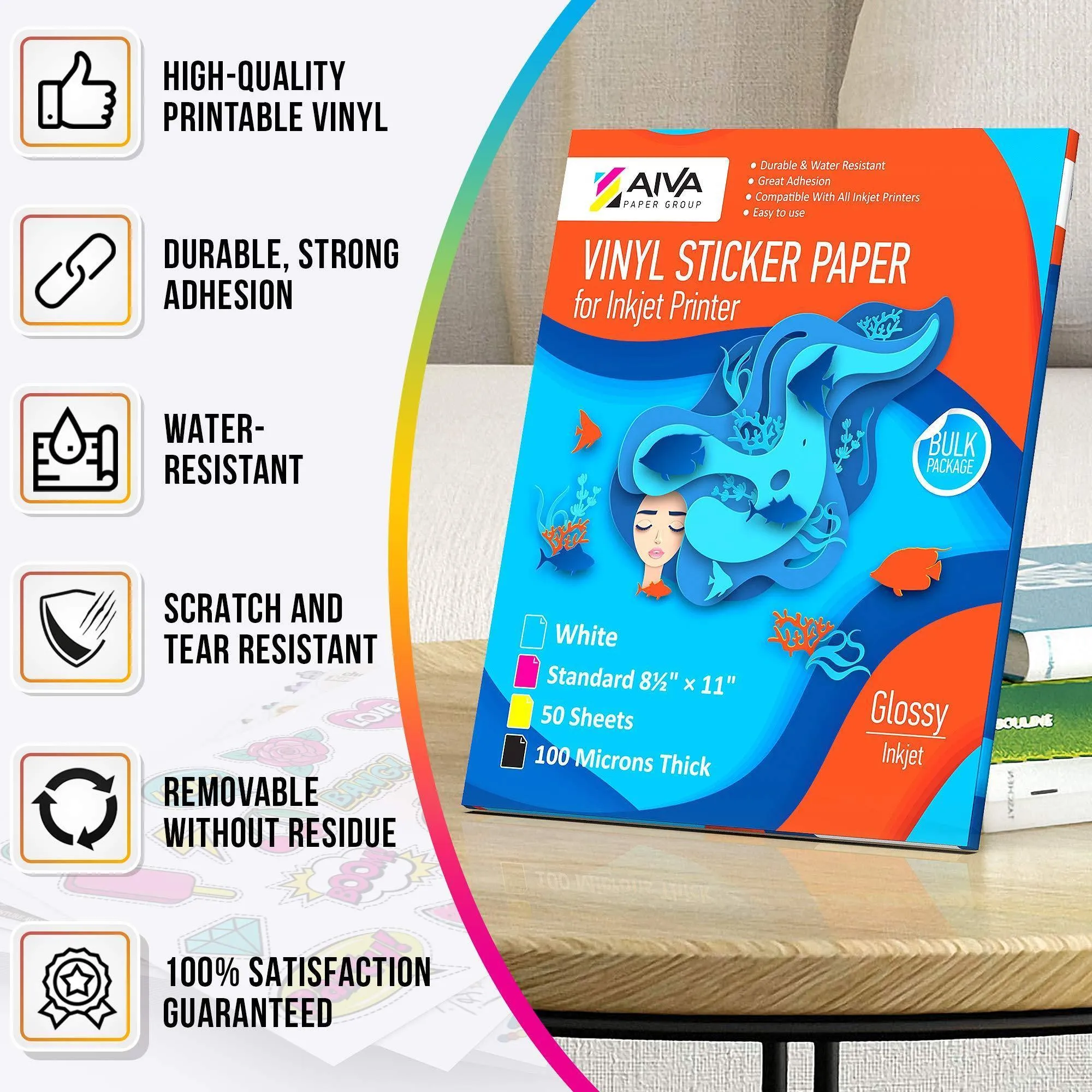 Printable Vinyl Sticker Paper Waterproof Decal Paper for Inkjet Printer 50 Sheet