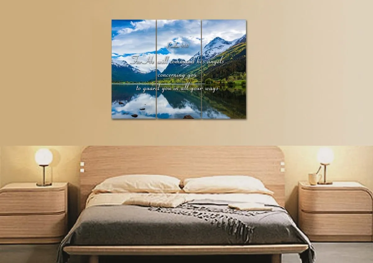 Psalm 9111 Command Angels To Guard You & Lake Wall Art - Christian Canvas Wall Art