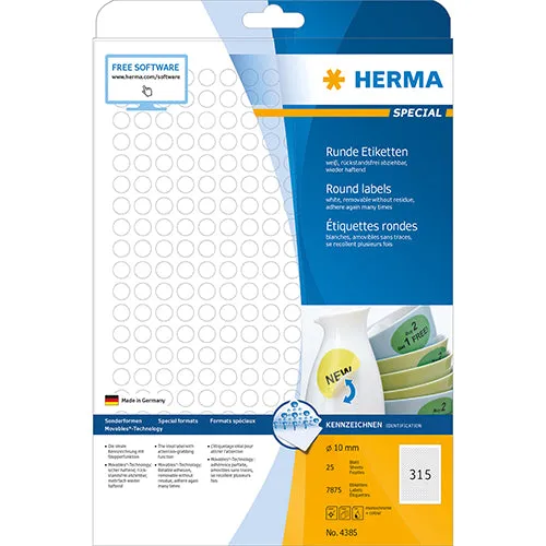 Removable labels A4, Ø 10 mm, white, Movables® technology (4385)