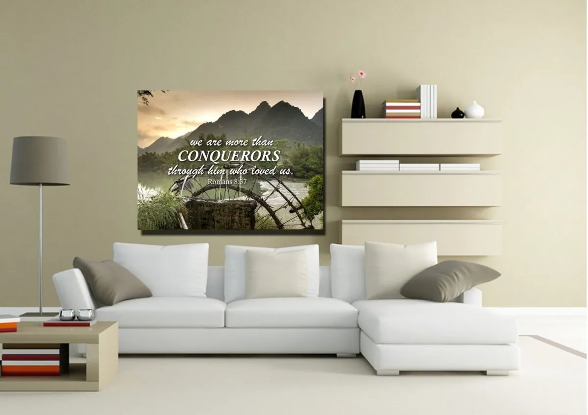 Romans 837 We Are Conquerors Through Him Canvas Wall Art Print - Christian Canvas Wall Art