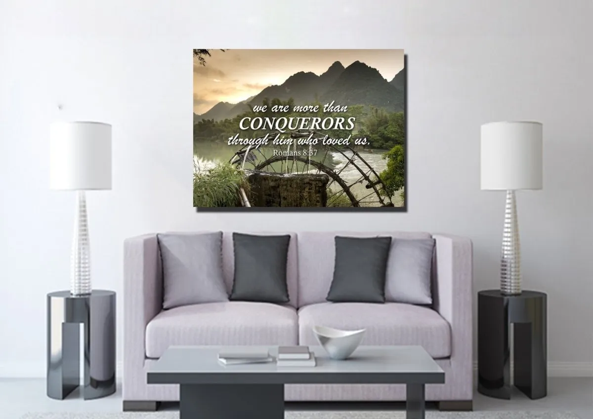 Romans 837 We Are Conquerors Through Him Canvas Wall Art Print - Christian Canvas Wall Art