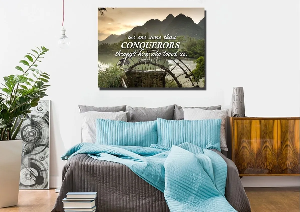 Romans 837 We Are Conquerors Through Him Canvas Wall Art Print - Christian Canvas Wall Art