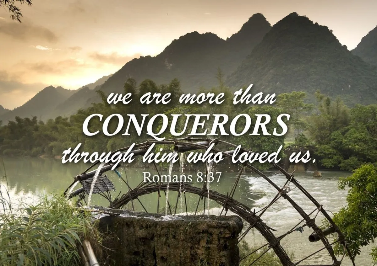 Romans 837 We Are Conquerors Through Him Canvas Wall Art Print - Christian Canvas Wall Art