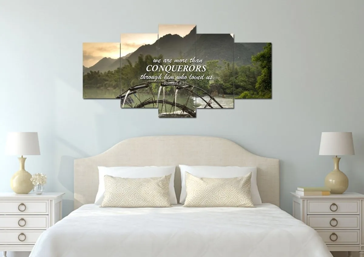 Romans 837 We Are Conquerors Through Him Canvas Wall Art Print - Christian Canvas Wall Art