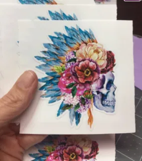 Sticker | 13P Human Skull with Feather Headdress | Waterproof Vinyl Sticker | White | Clear | Permanent | Removable | Window Cling | Glitter | Holographic