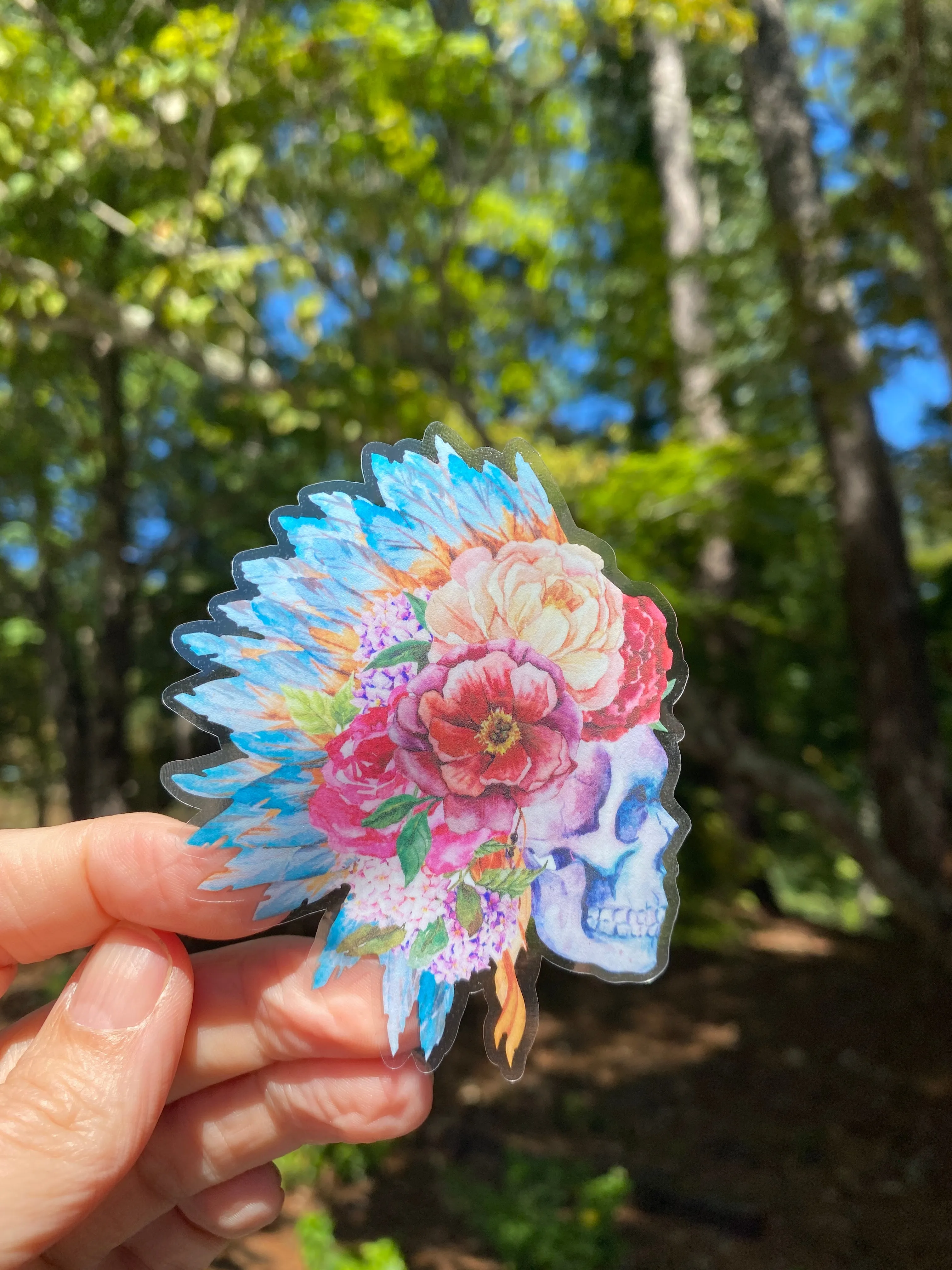 Sticker | 13P Human Skull with Feather Headdress | Waterproof Vinyl Sticker | White | Clear | Permanent | Removable | Window Cling | Glitter | Holographic
