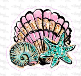 Sticker 18M Blue Starfish Pink Scallop Shell Bunch