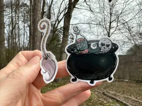 Sticker | 20K Halloween Cauldron Broom | Waterproof Vinyl Sticker | White | Clear | Permanent | Removable | Window Cling | Glitter | Holographic