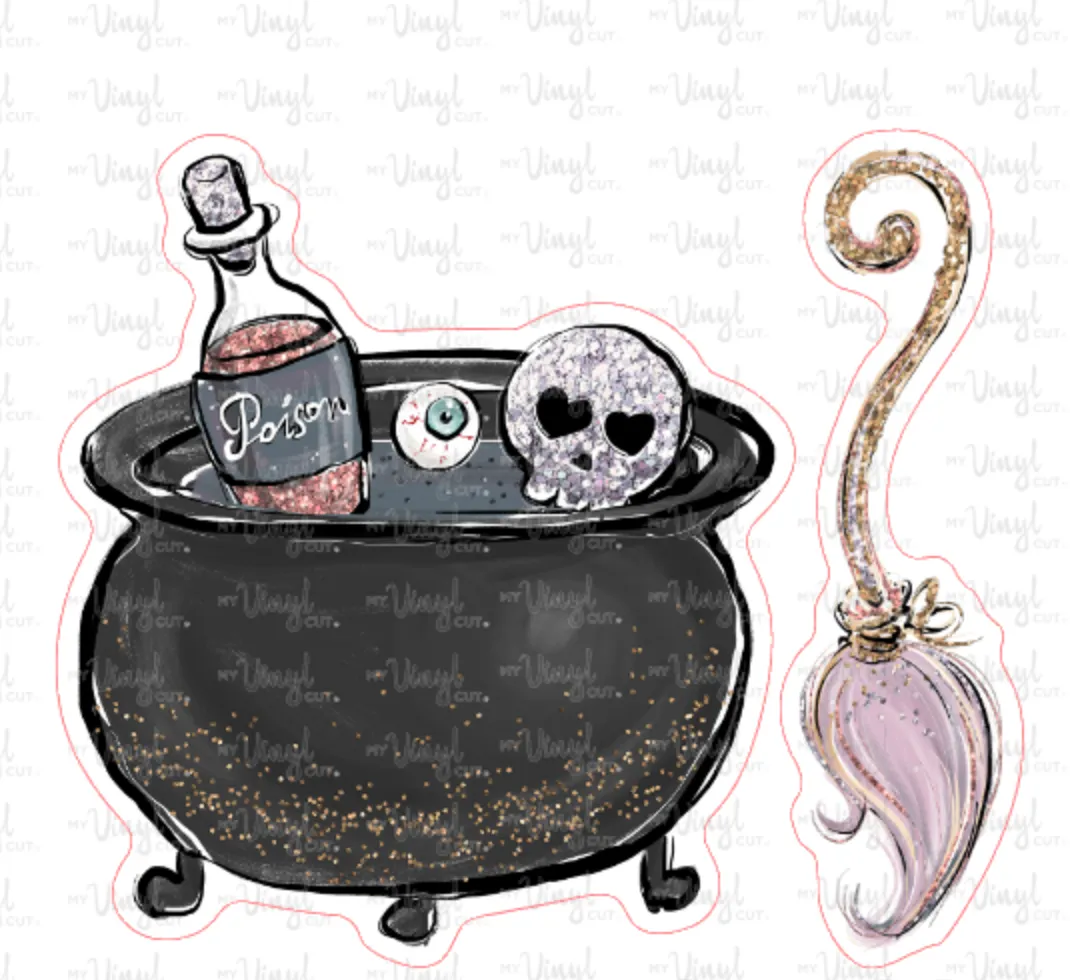 Sticker | 20K Halloween Cauldron Broom | Waterproof Vinyl Sticker | White | Clear | Permanent | Removable | Window Cling | Glitter | Holographic