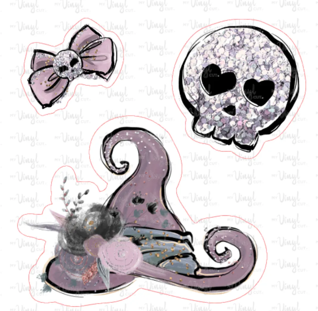 Sticker | 20O Halloween Witch Hat Skull | Waterproof Vinyl Sticker | White | Clear | Permanent | Removable | Window Cling | Glitter | Holographic
