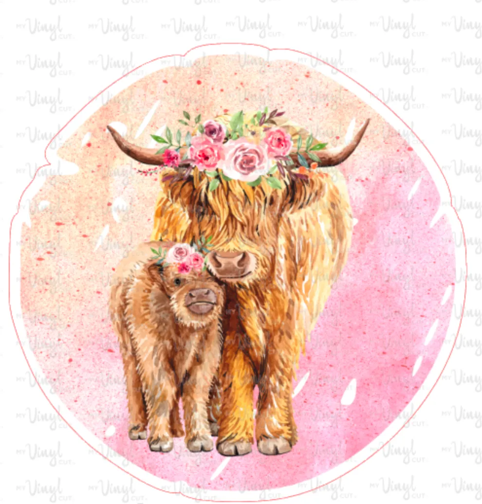Sticker | 24M | Highland Cow with Calf | Waterproof Vinyl Sticker | White | Clear | Permanent | Removable | Window Cling | Glitter | Holographic