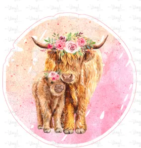 Sticker | 24M | Highland Cow with Calf | Waterproof Vinyl Sticker | White | Clear | Permanent | Removable | Window Cling | Glitter | Holographic