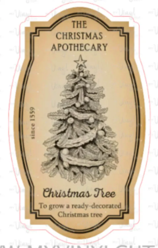 Sticker | 26O | Apothecary Label Christmas Tree | Waterproof Vinyl Sticker | White | Clear | Permanent | Removable | Window Cling | Glitter | Holographic