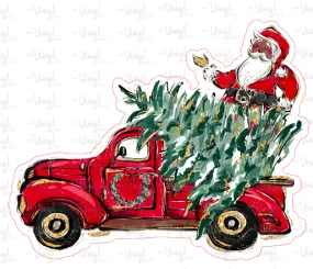 Sticker | 30F | Santa in Red Truck with Tree | Waterproof Vinyl Sticker | White | Clear | Permanent | Removable | Window Cling | Glitter | Holographic Sticker | 30F | Santa in Red Truck with Tree | Waterproof Vinyl Sticker | White | Clear | Permanent | Removable | Window Cling | Glitter | Holographic