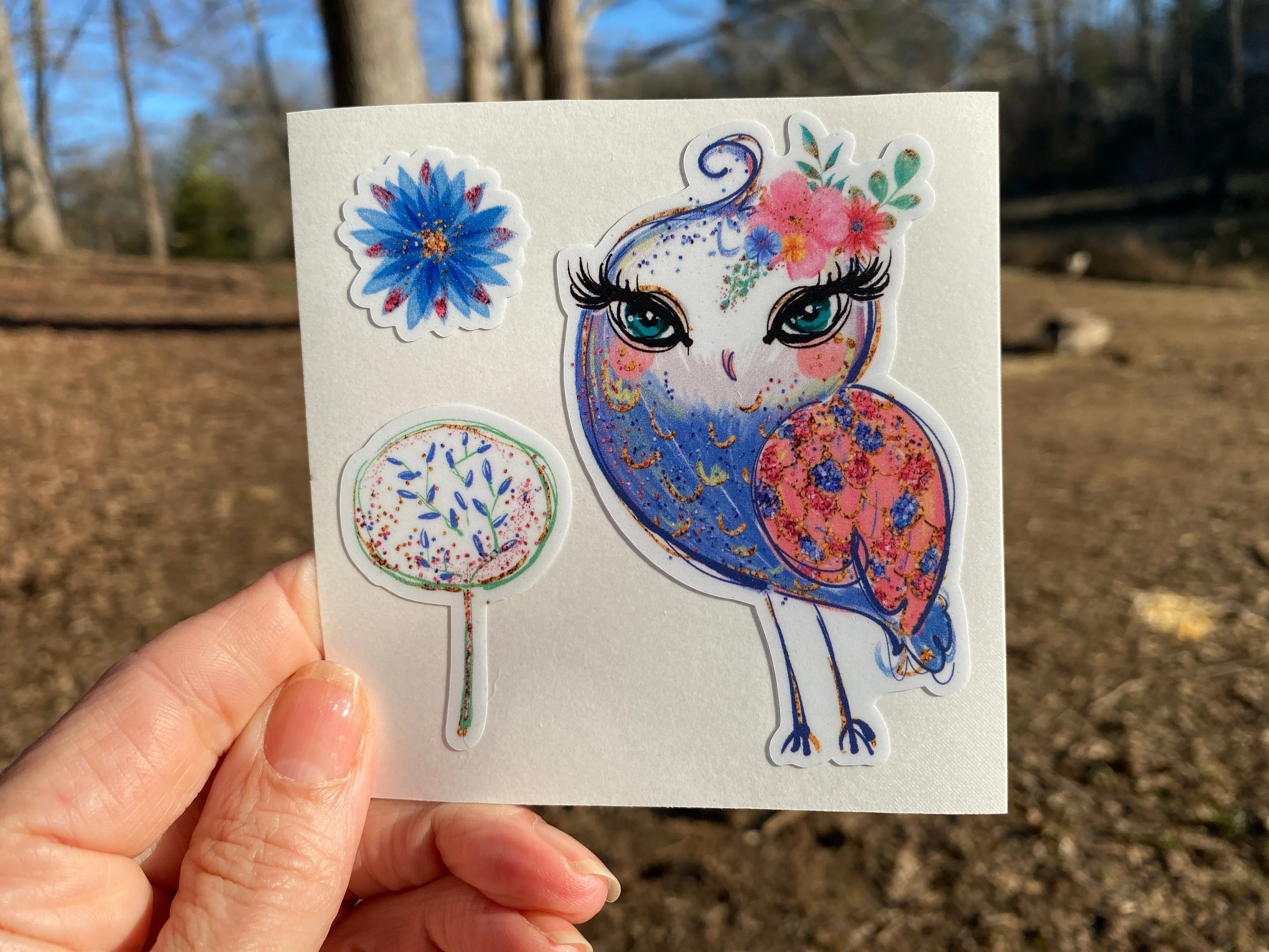 Sticker | 34D | Owl Tree Flower| Waterproof Vinyl Sticker | White | Clear | Permanent | Removable | Window Cling | Glitter | Holographic