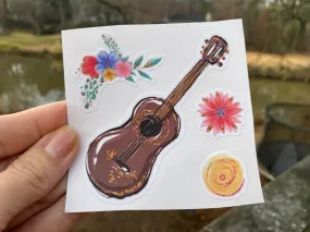 Sticker | 34L | Ukulele Flowers | Waterproof Vinyl Sticker | White | Clear | Permanent | Removable | Window Cling | Glitter | Holographic