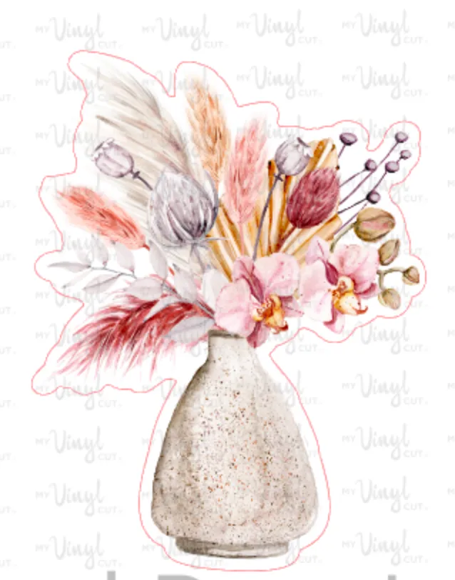 Sticker | 37B | Beige Flowers in Vase | Waterproof Vinyl Sticker | White | Clear | Permanent | Removable | Window Cling | Glitter | Holographic