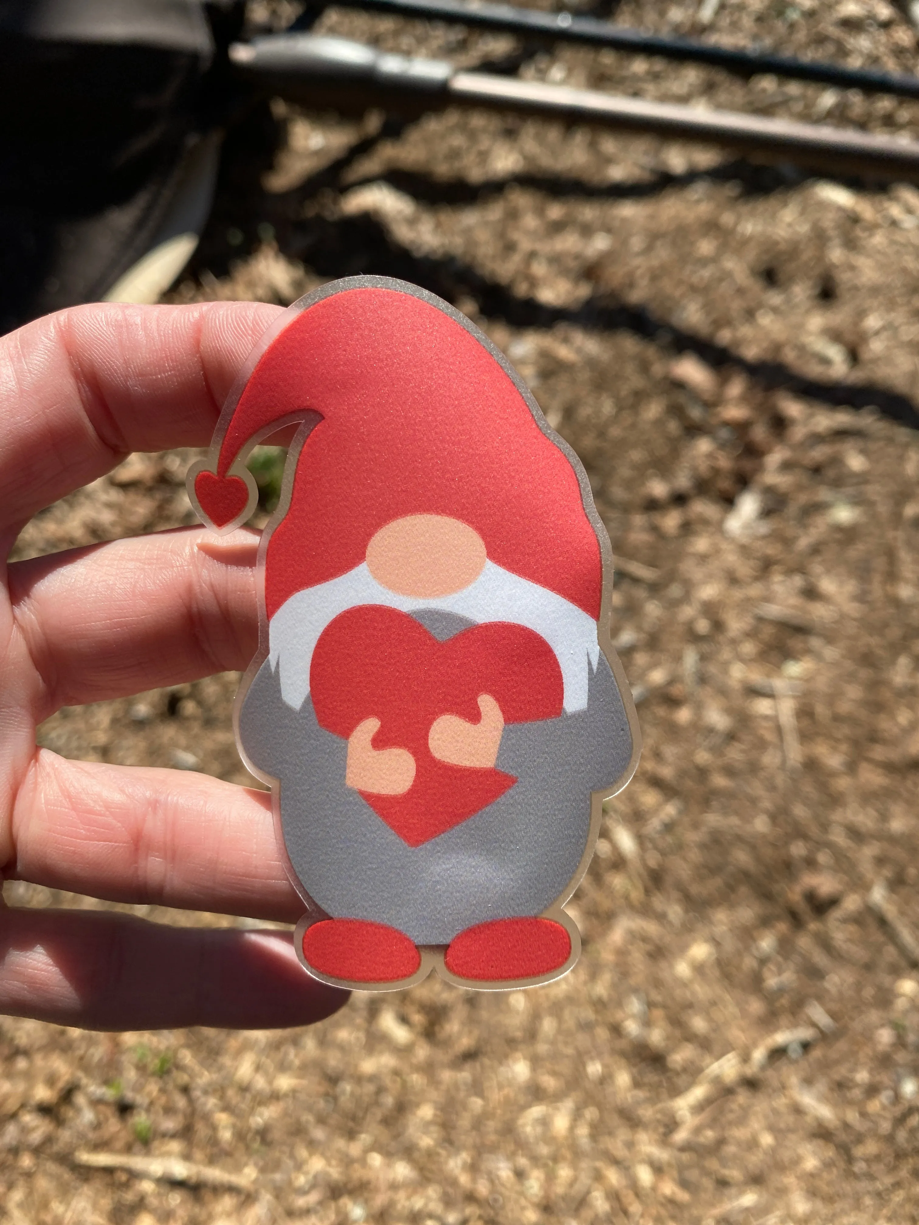 Sticker | 39O | Gnome holding Heart | Waterproof Vinyl Sticker | White | Clear | Permanent | Removable | Window Cling | Glitter | Holographic