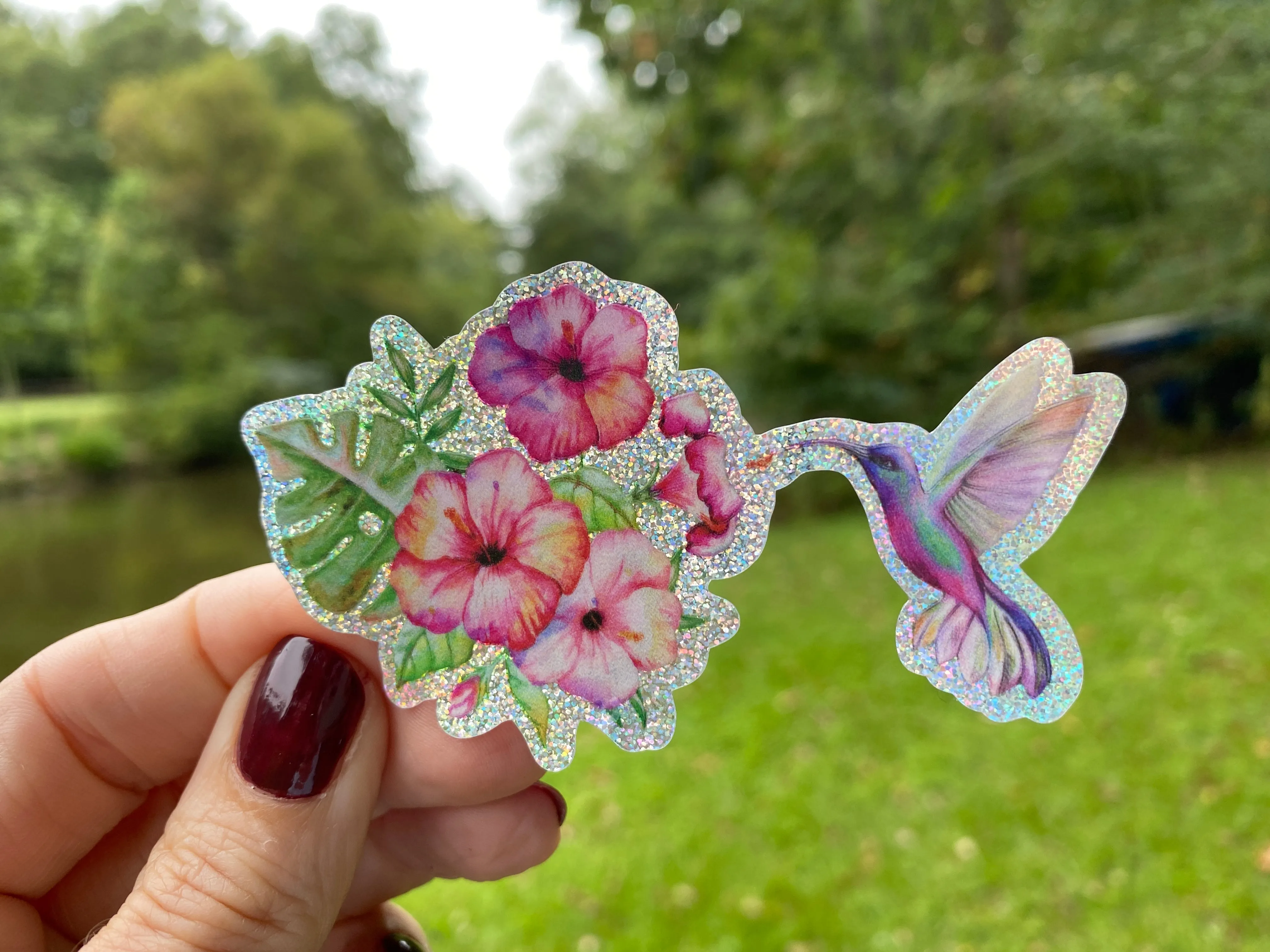 Sticker | 49E | Hummingbird with Flowers | Waterproof Vinyl Sticker | White | Clear | Permanent | Removable | Window Cling | Glitter | Holographic
