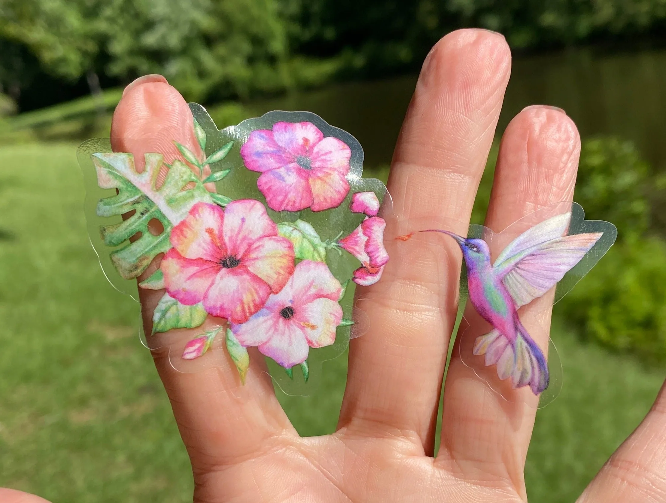 Sticker | 49E | Hummingbird with Flowers | Waterproof Vinyl Sticker | White | Clear | Permanent | Removable | Window Cling | Glitter | Holographic