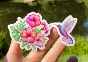 Sticker | 49E | Hummingbird with Flowers | Waterproof Vinyl Sticker | White | Clear | Permanent | Removable | Window Cling | Glitter | Holographic