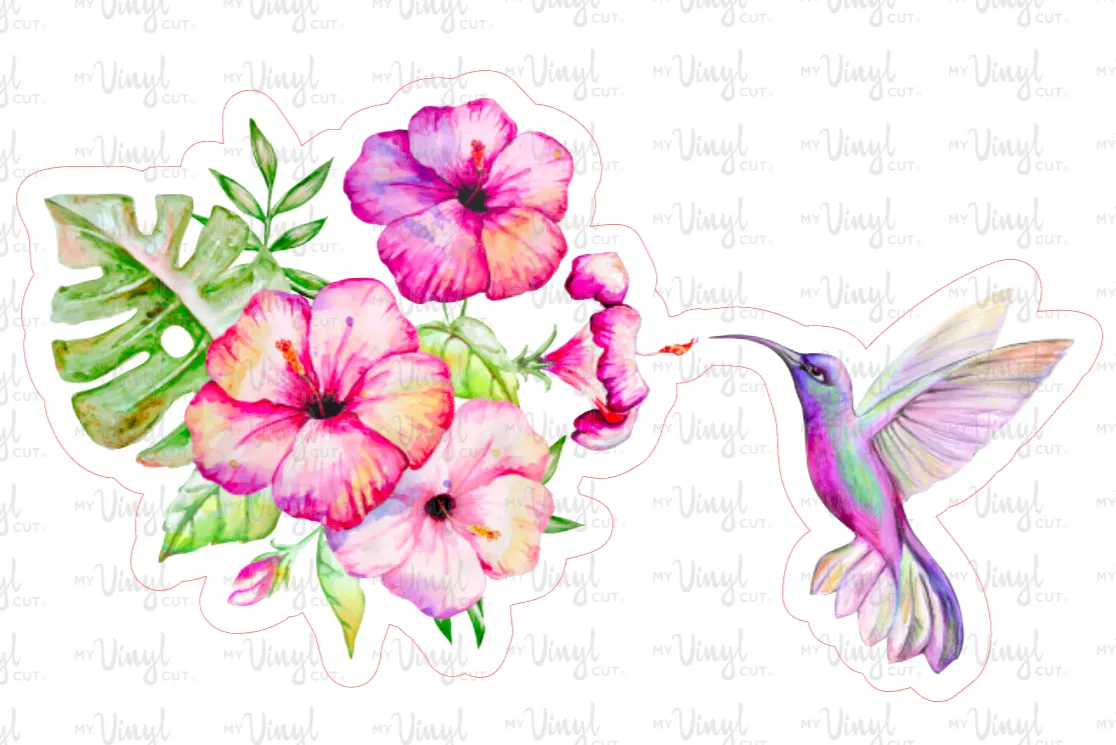 Sticker | 49E | Hummingbird with Flowers | Waterproof Vinyl Sticker | White | Clear | Permanent | Removable | Window Cling | Glitter | Holographic