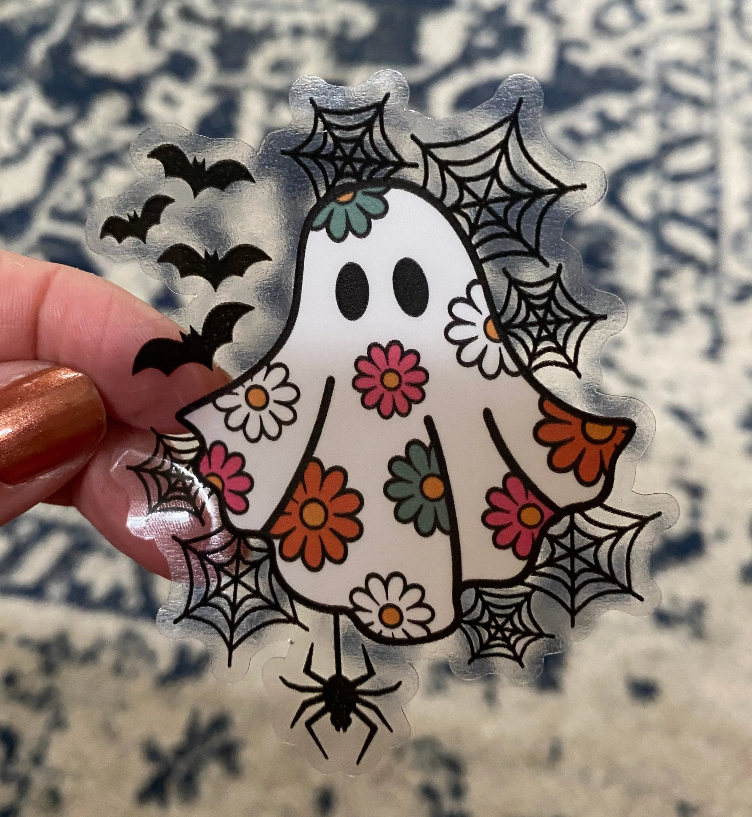 Sticker | 56B | Ghost with Flowers Webs | Waterproof Vinyl Sticker | White | Clear | Permanent | Removable | Window Cling | Glitter | Holographic