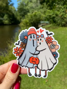 Sticker | 56C | Ghost Couple with Flowers | Waterproof Vinyl Sticker | White | Clear | Permanent | Removable | Window Cling | Glitter | Holographic