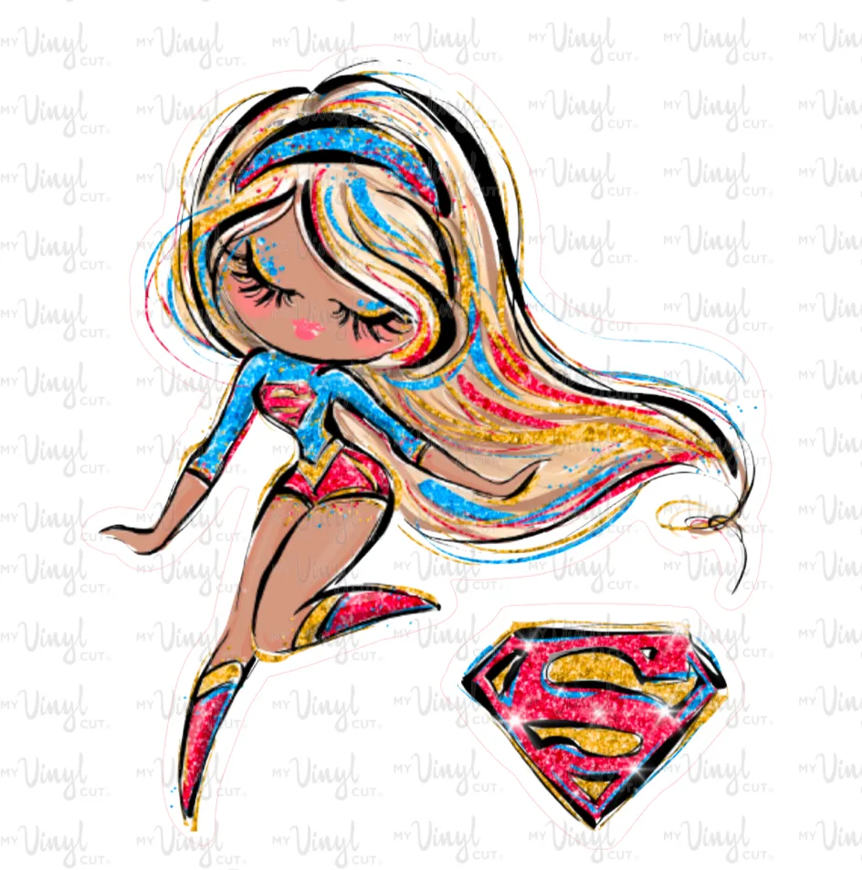 Sticker | 66K | SUPER HERO GIRL | Waterproof Vinyl Sticker | White | Clear | Permanent | Removable | Window Cling | Glitter | Holographic