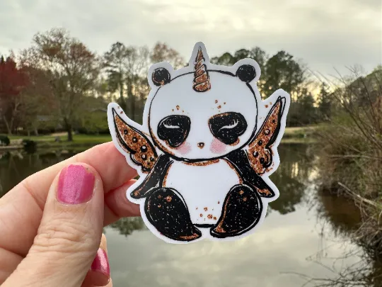 Sticker | 69H | Panda Unicorn | Waterproof Vinyl Sticker | White | Clear | Permanent | Removable | Window Cling | Glitter | Holographic
