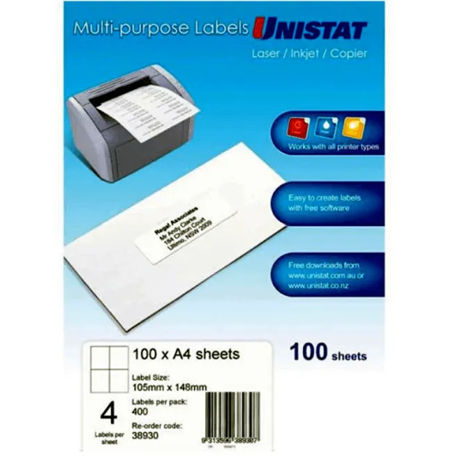 Unistat 38930 Multi-Purpose Label 4UP/ Page 105x148mm White Pack 100