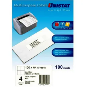 Unistat 38930 Multi-Purpose Label 4UP/ Page 105x148mm White Pack 100