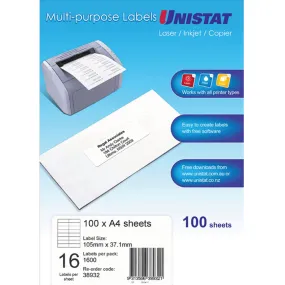 Unistat 38932 Multi-Purpose Labels 16/Sheet 105x37mm White Pack 100