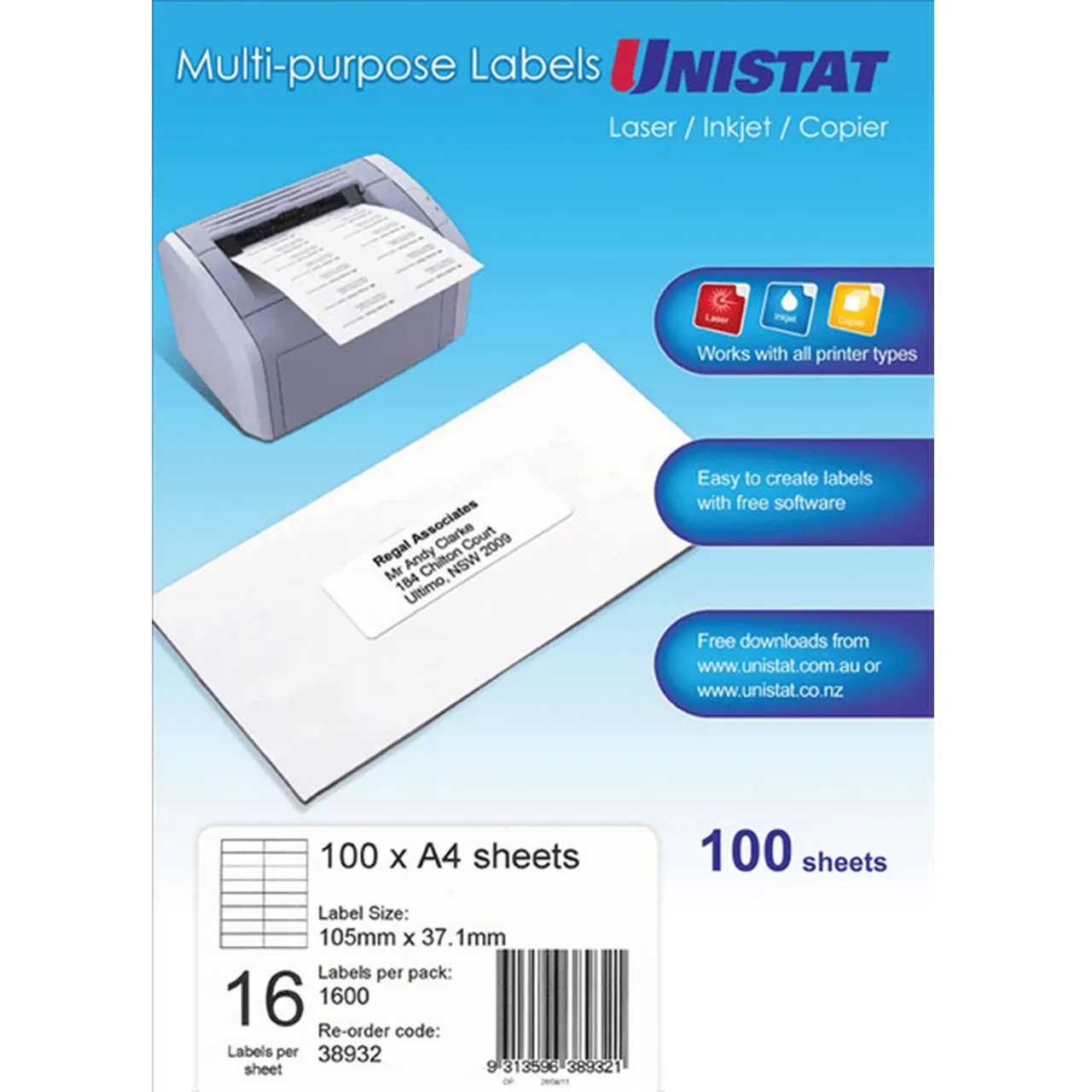 Unistat 38932 Multi-Purpose Labels 16/Sheet 105x37mm White Pack 100