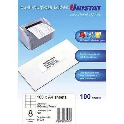 Unistat 38934 Multi-Purpose Label 8Up 105 X 74Mm White Pack 100