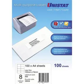 Unistat 38934 Multi-Purpose Label 8Up 105 X 74Mm White Pack 100