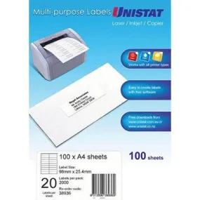 Unistat 38936 Multi-Purpose Label 20Up 98 X 25.4Mm White Pack 100