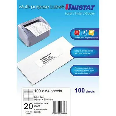 Unistat 38936 Multi-Purpose Label 20Up 98 X 25.4Mm White Pack 100