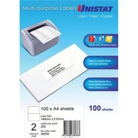 Unistat 38938 Multi-Purpose Label 2Up 148 X 210Mm White Pack 100