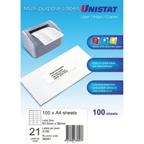 Unistat 38941 Multi-Purpose Label 21Up 63.5 X 38Mm White Pack 100