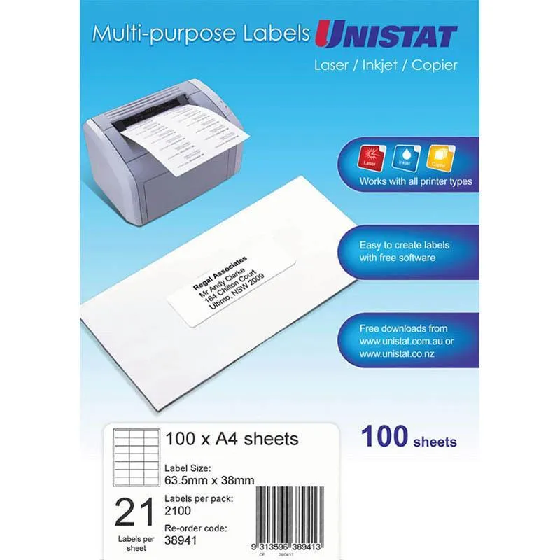 Unistat 38941 Multi-Purpose Label 21Up 63.5 X 38Mm White Pack 100