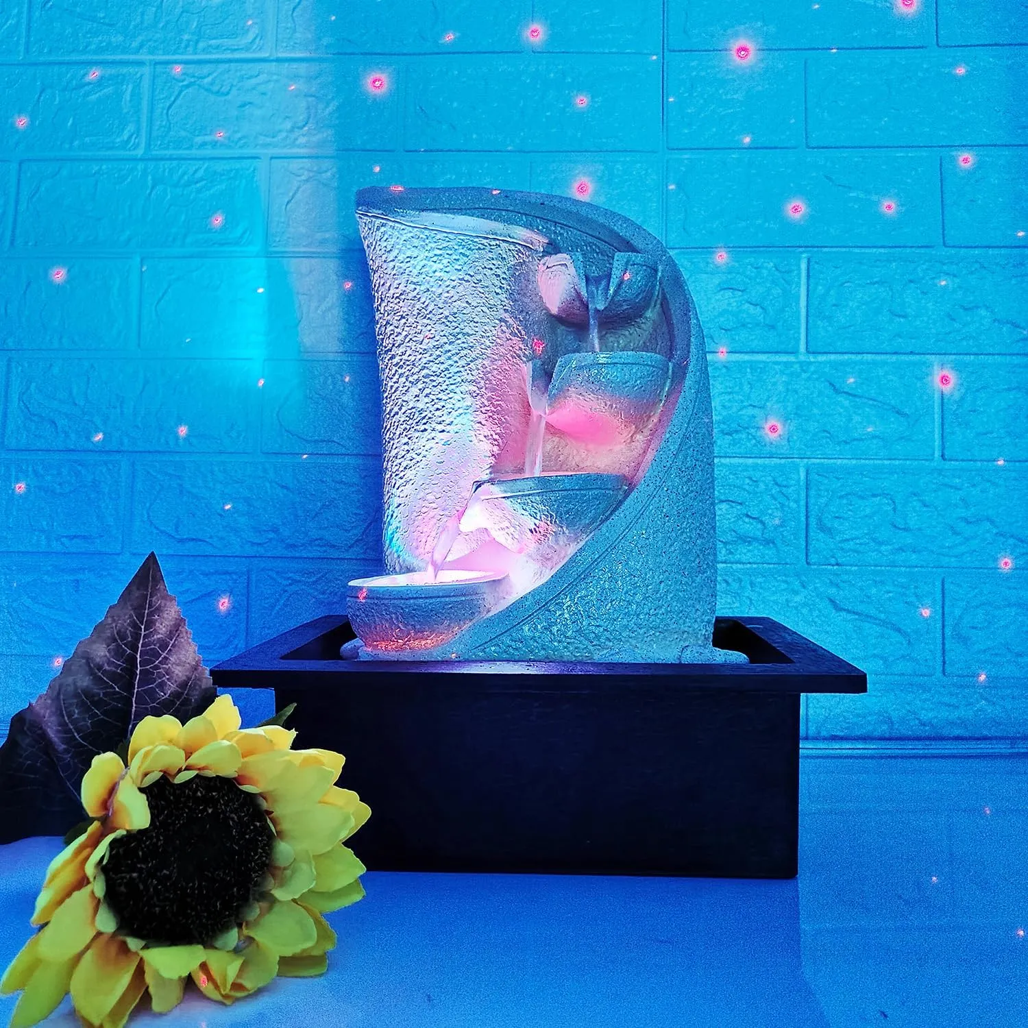 UrbCharm Brown Polyresin Designer Table Top 4 Tier Waterfall Fountain (Size: 40 x 30 x 22 CM) Indoor Home Decor with Multicolour Lights and Water Flow Control Pump