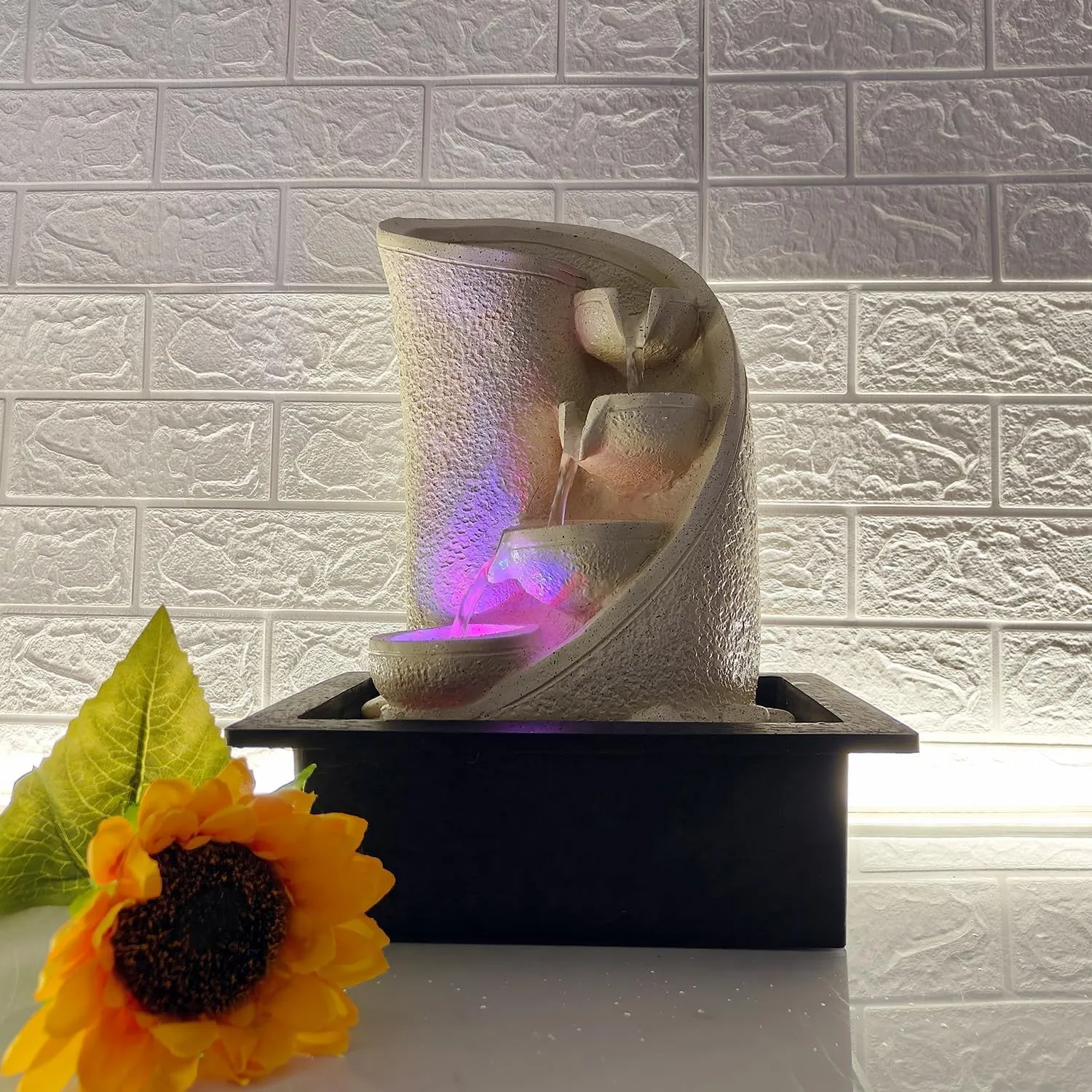 UrbCharm Brown Polyresin Designer Table Top 4 Tier Waterfall Fountain (Size: 40 x 30 x 22 CM) Indoor Home Decor with Multicolour Lights and Water Flow Control Pump