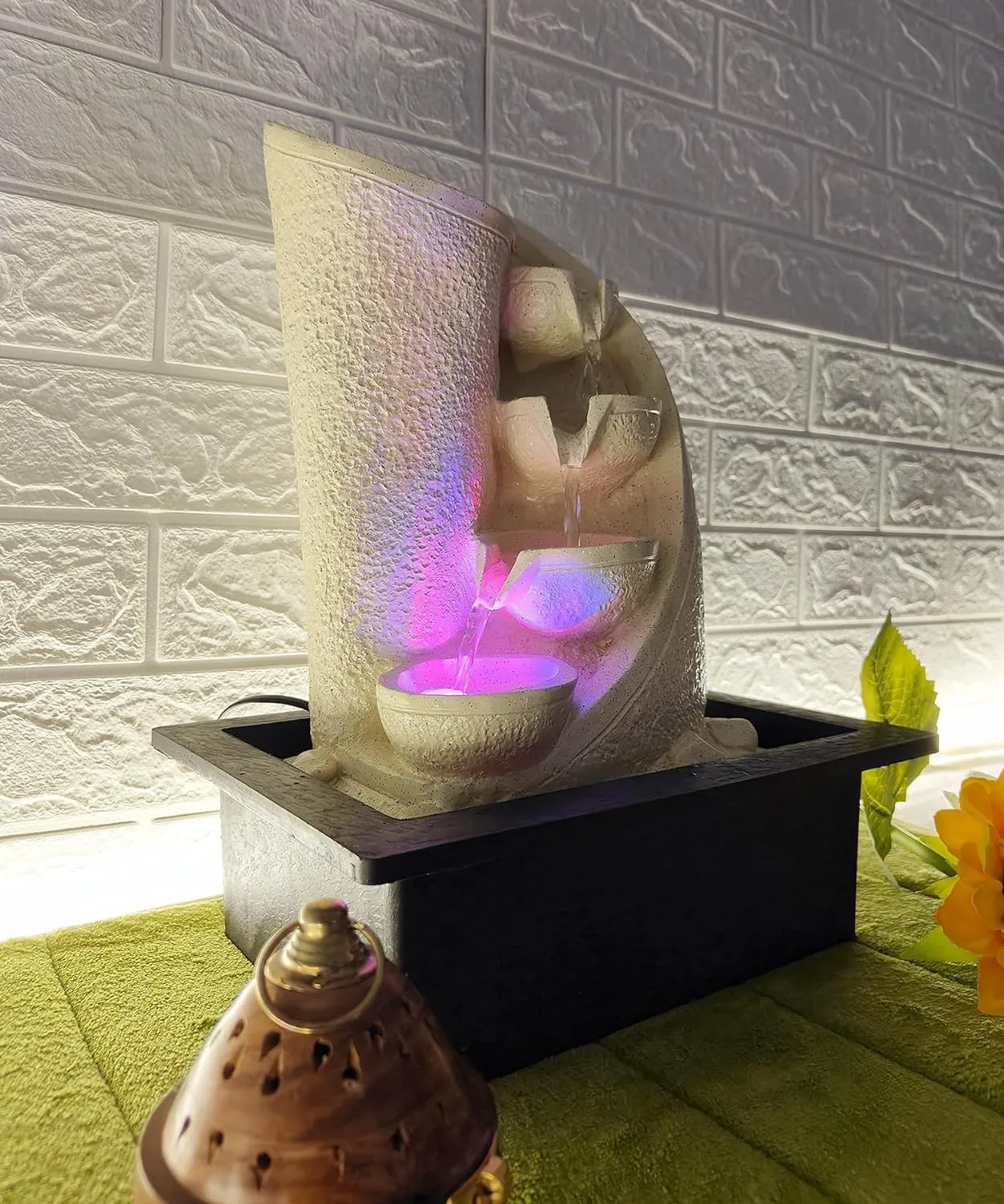 UrbCharm Brown Polyresin Designer Table Top 4 Tier Waterfall Fountain (Size: 40 x 30 x 22 CM) Indoor Home Decor with Multicolour Lights and Water Flow Control Pump