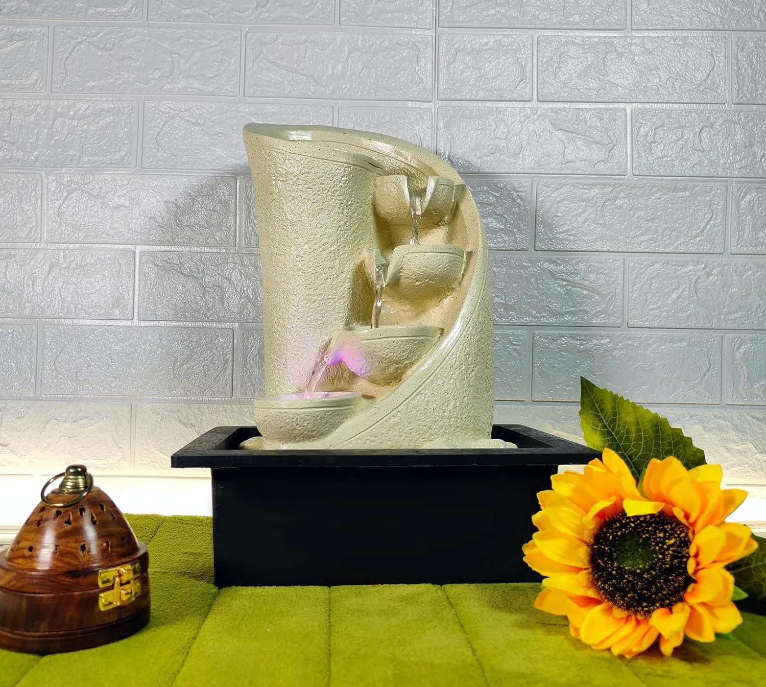UrbCharm Brown Polyresin Designer Table Top 4 Tier Waterfall Fountain (Size: 40 x 30 x 22 CM) Indoor Home Decor with Multicolour Lights and Water Flow Control Pump