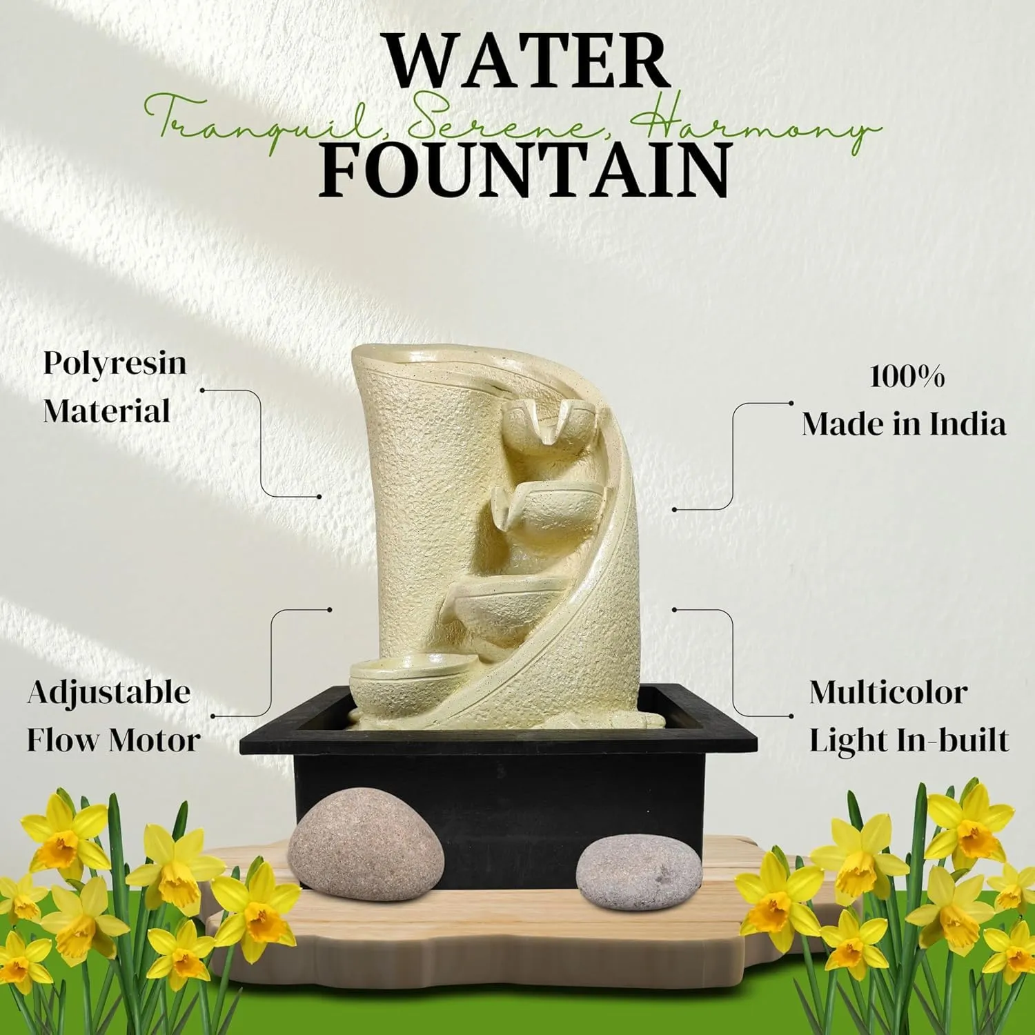 UrbCharm Brown Polyresin Designer Table Top 4 Tier Waterfall Fountain (Size: 40 x 30 x 22 CM) Indoor Home Decor with Multicolour Lights and Water Flow Control Pump