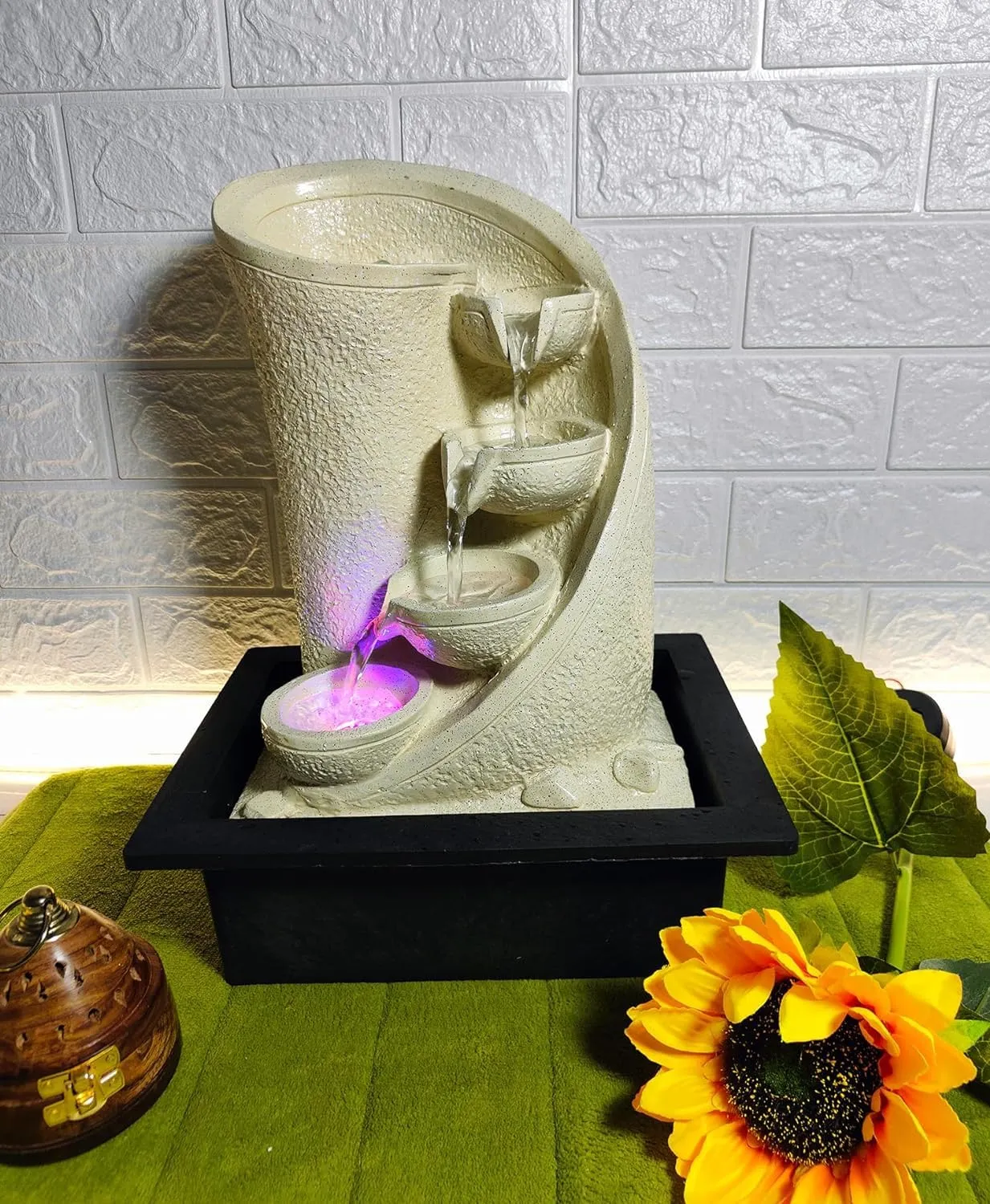 UrbCharm Brown Polyresin Designer Table Top 4 Tier Waterfall Fountain (Size: 40 x 30 x 22 CM) Indoor Home Decor with Multicolour Lights and Water Flow Control Pump